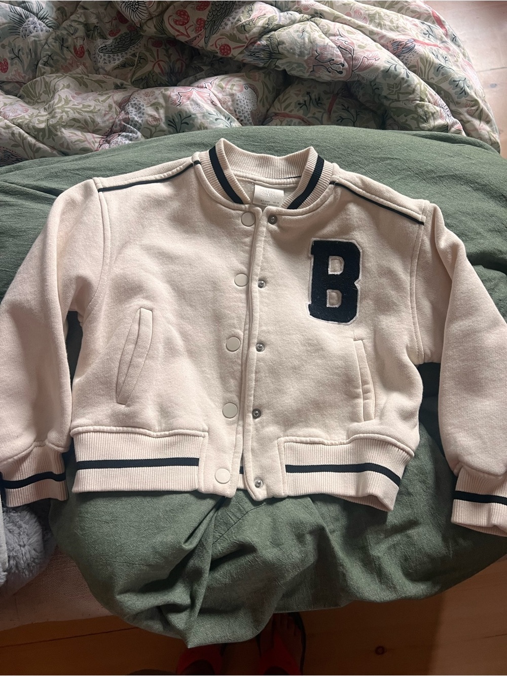 Zara Cream Varsity Jacket with Black Rib Trim Sweater Material-Soft